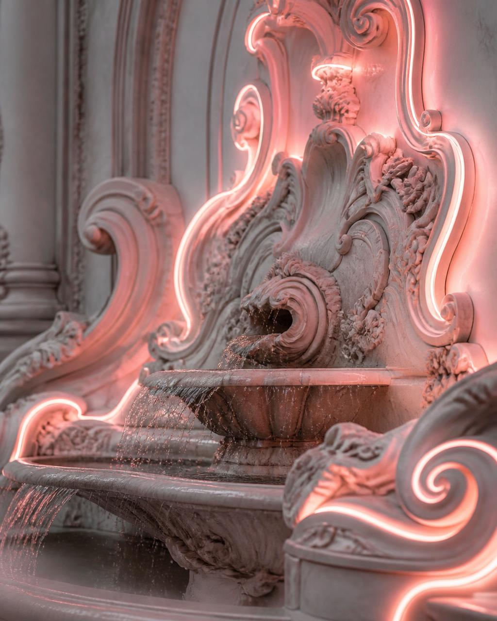 Architectural detail of a Rocaille fountain with modern lighting