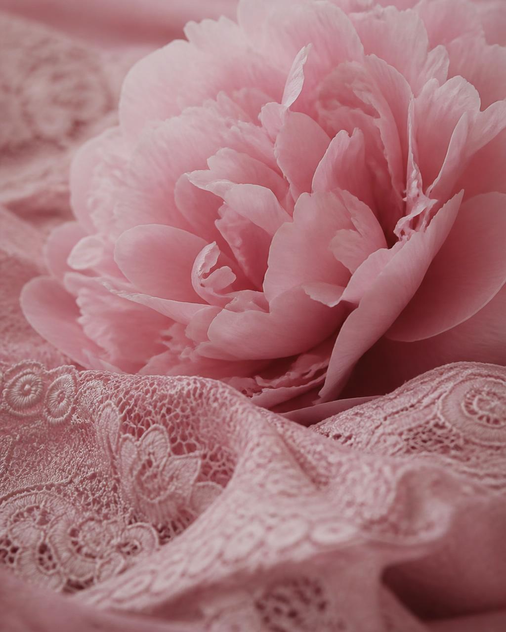 Artistic close-up of pink peony petals and lace textures