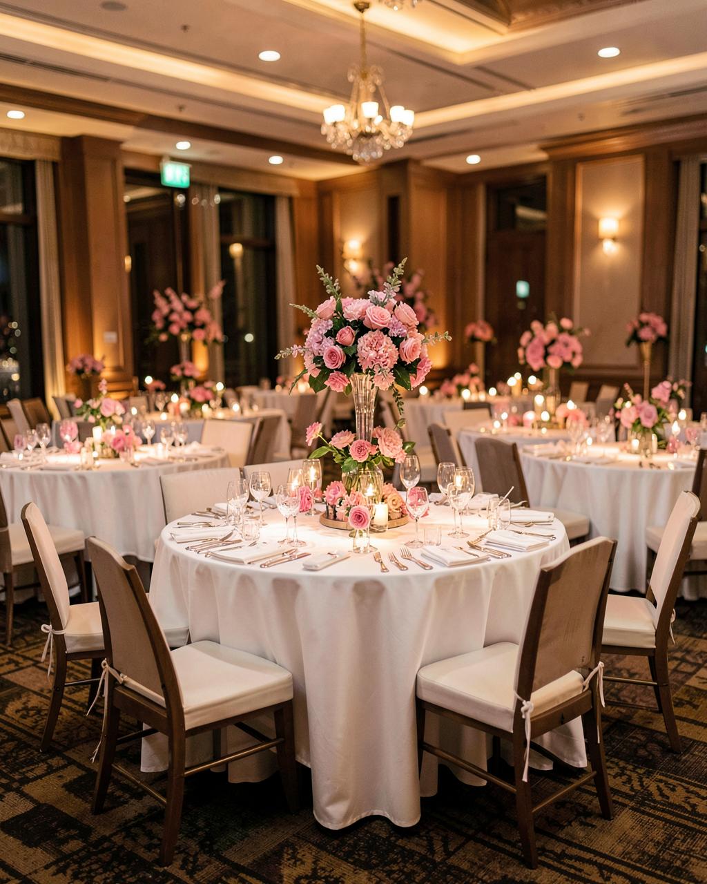 Corporate banquet hall with pink floral centerpieces and white linens