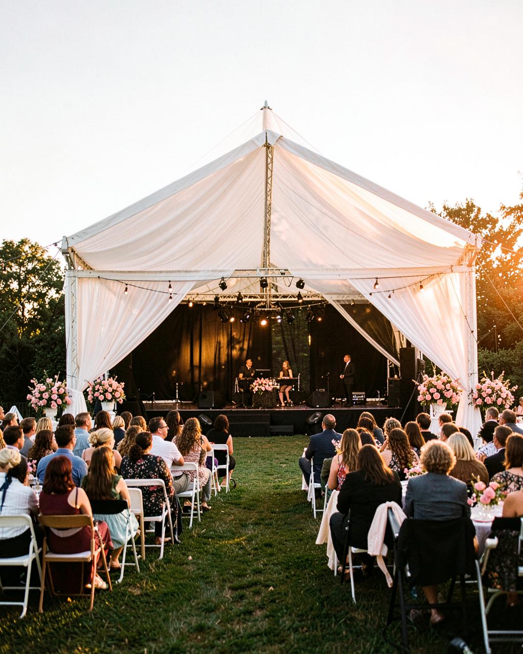 Outdoor marquee event with stage, guests and pink floral arrangements