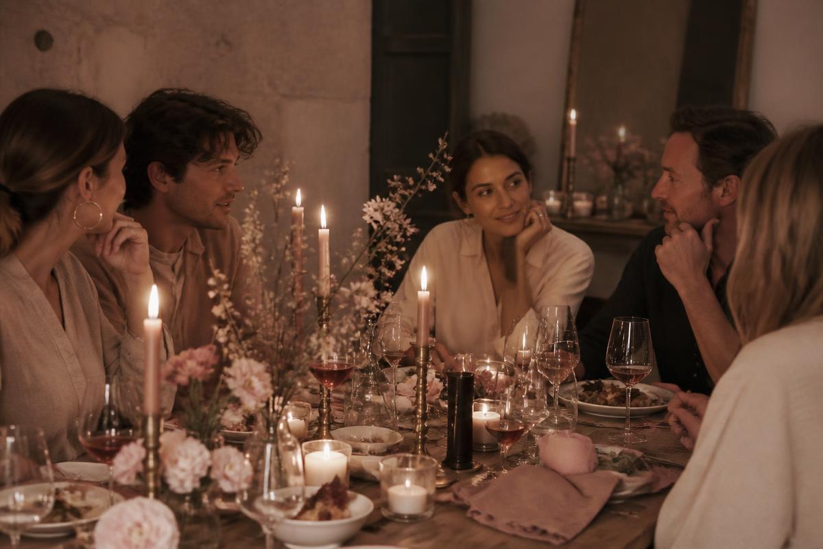 Intimate candlelit dinner setting with soft pink accents